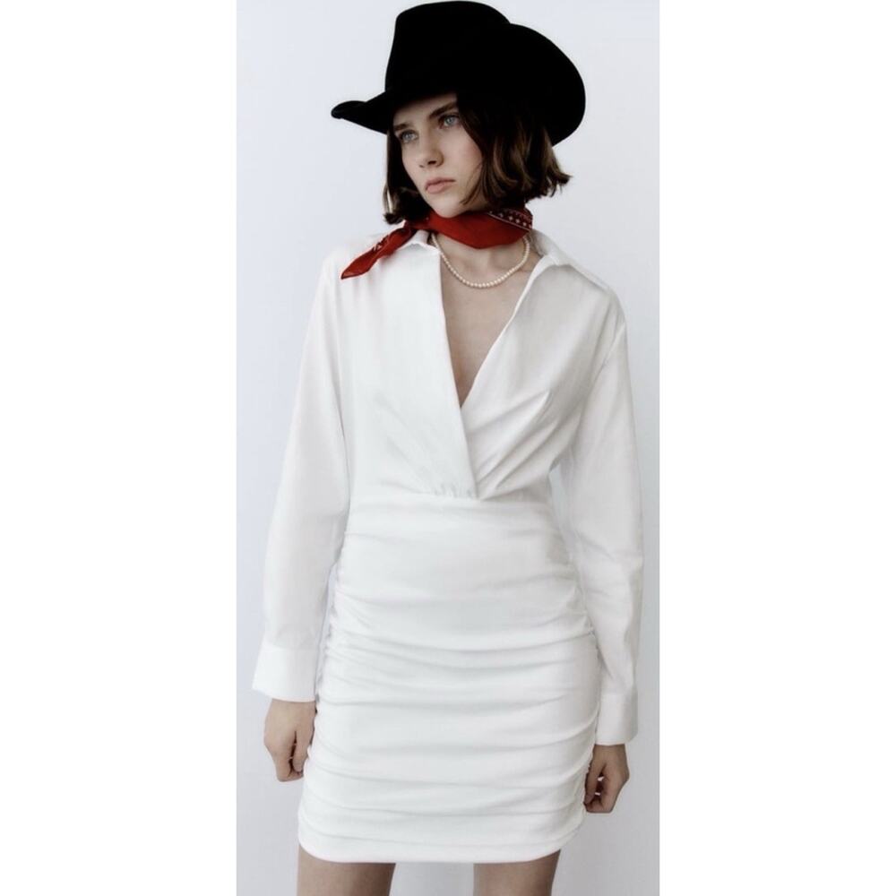 Zara White Ruched Mini Dress Collared‎ V Neck Minimalist Chic Size S Clean Girl